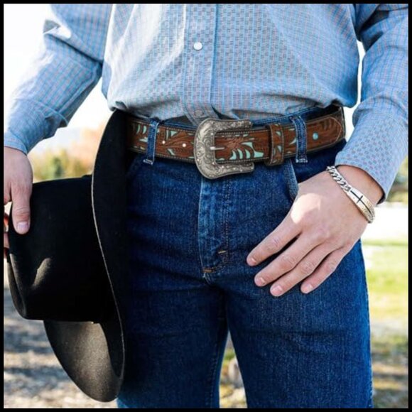Faux Leather Rhinestone Western Belt with Turquoise Carved Pattern main image 4